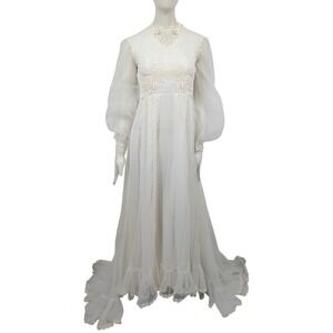 Vintage 1970s Sheer Lace Wedding Dress Boho Prairie Maxi Train Bridal XS